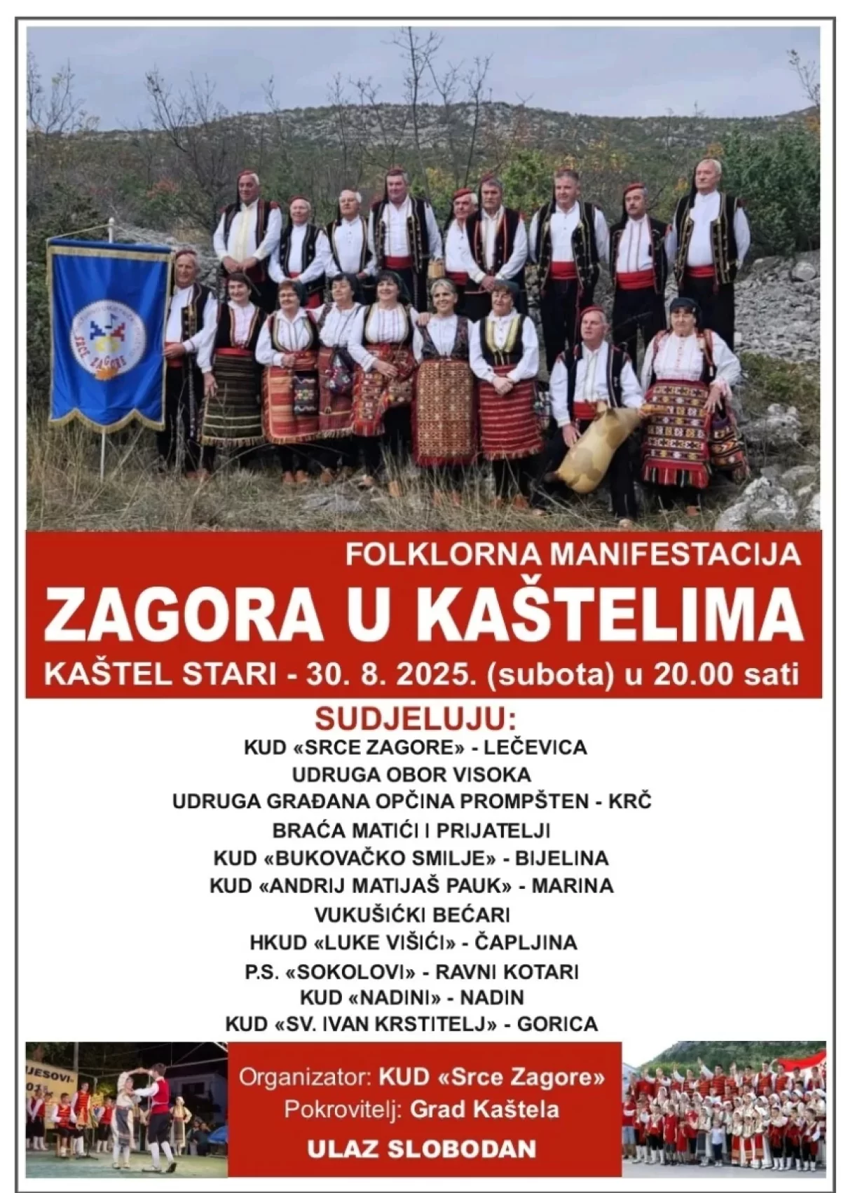 Večer Zagore u Kaštelima: Defile i folklorna večer uz KUD Srce Zagore i goste u subotu na brcu u Starom