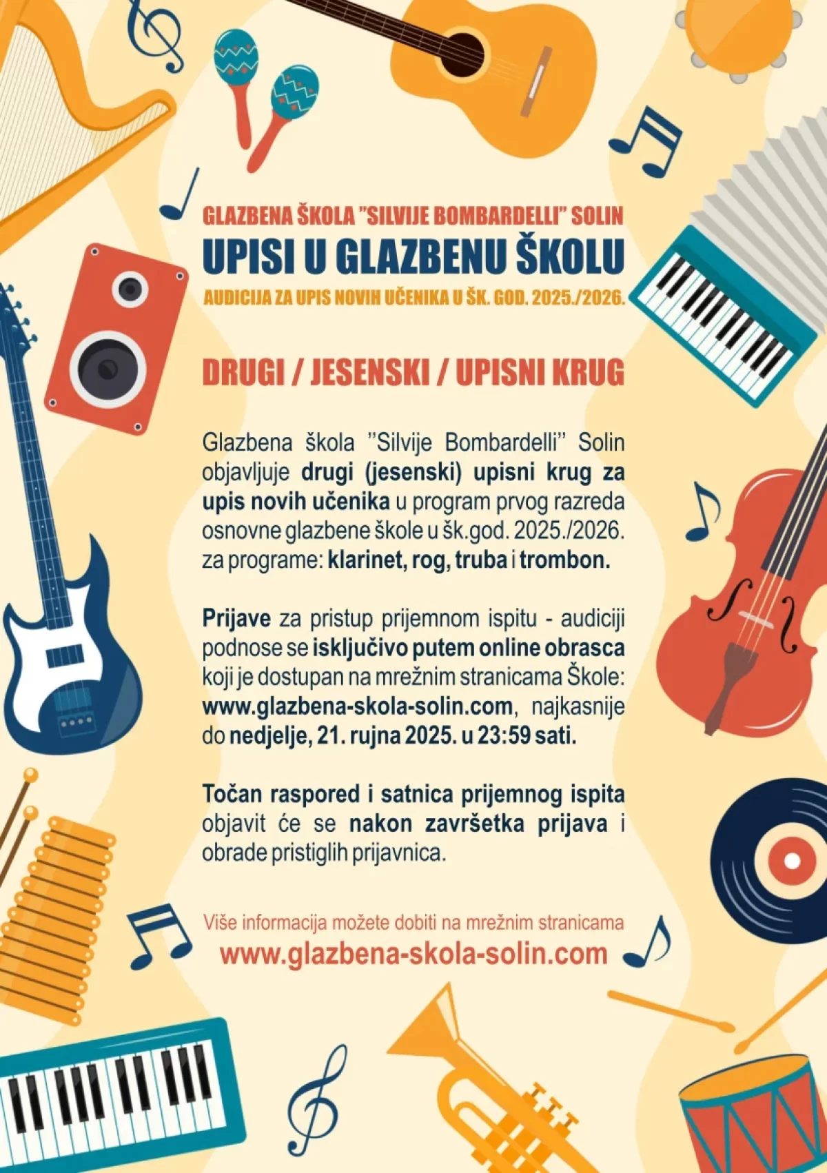 DRUGI UPISNI KRUG (JESENSKI) U PRVI RAZRED OSNOVNE GLAZBENE ŠKOLE U ŠKOLSKOJ GODINI 2025./2026.