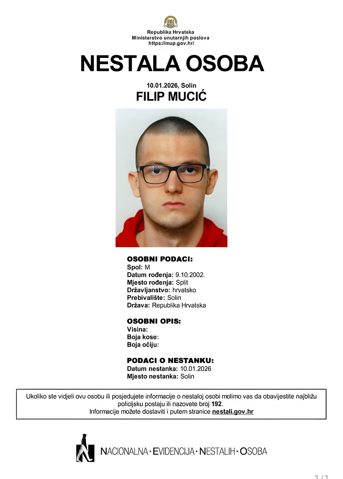 23-year-old Filip Mucić from Solin missing – police ask citizens for help