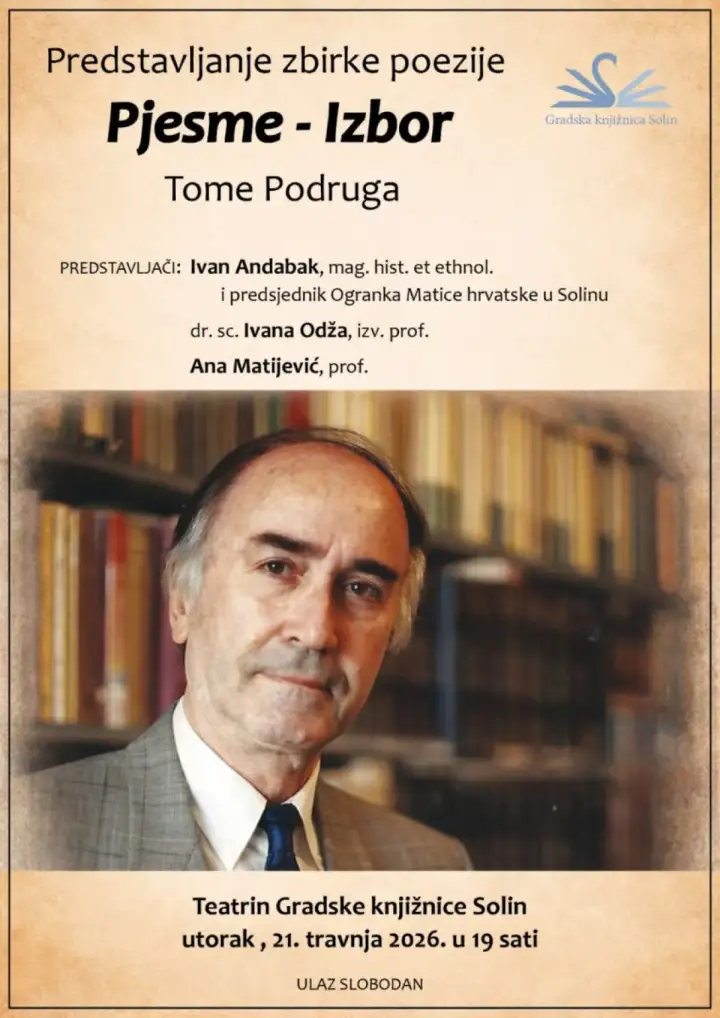 U GK Solinu predstavljanje zbirke poezije „Pjesme – izbor“ Tome Podruga